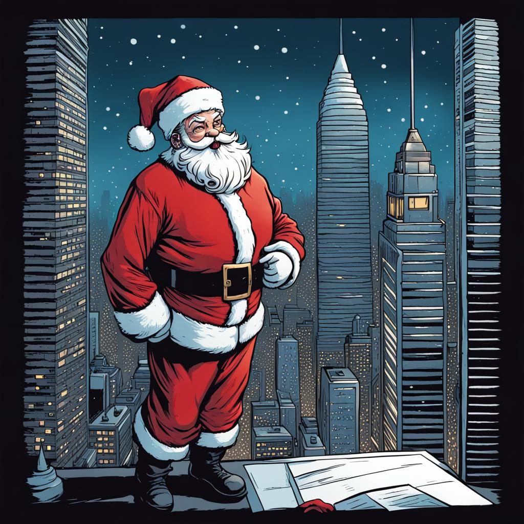 Santa Decorating Skyscraper in Comic Book Art Style