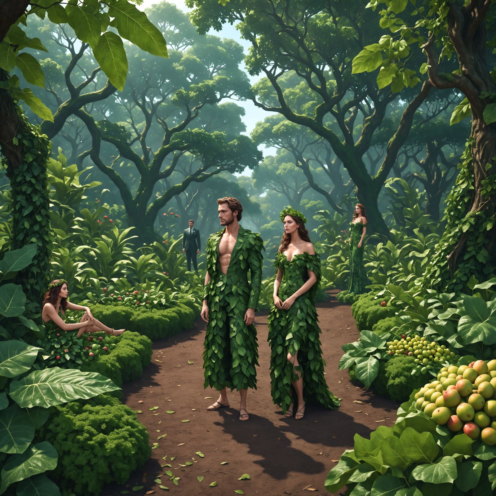 Adam and Eve in Eden with Fig Leaf Outfits
