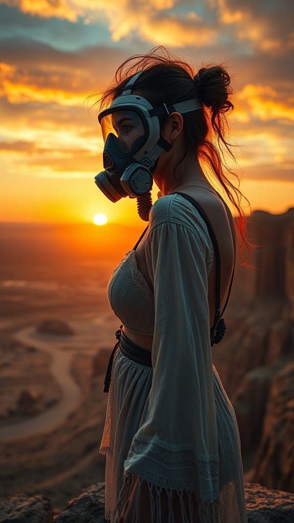 Woman with Respirator Overlooking Desert Sunset