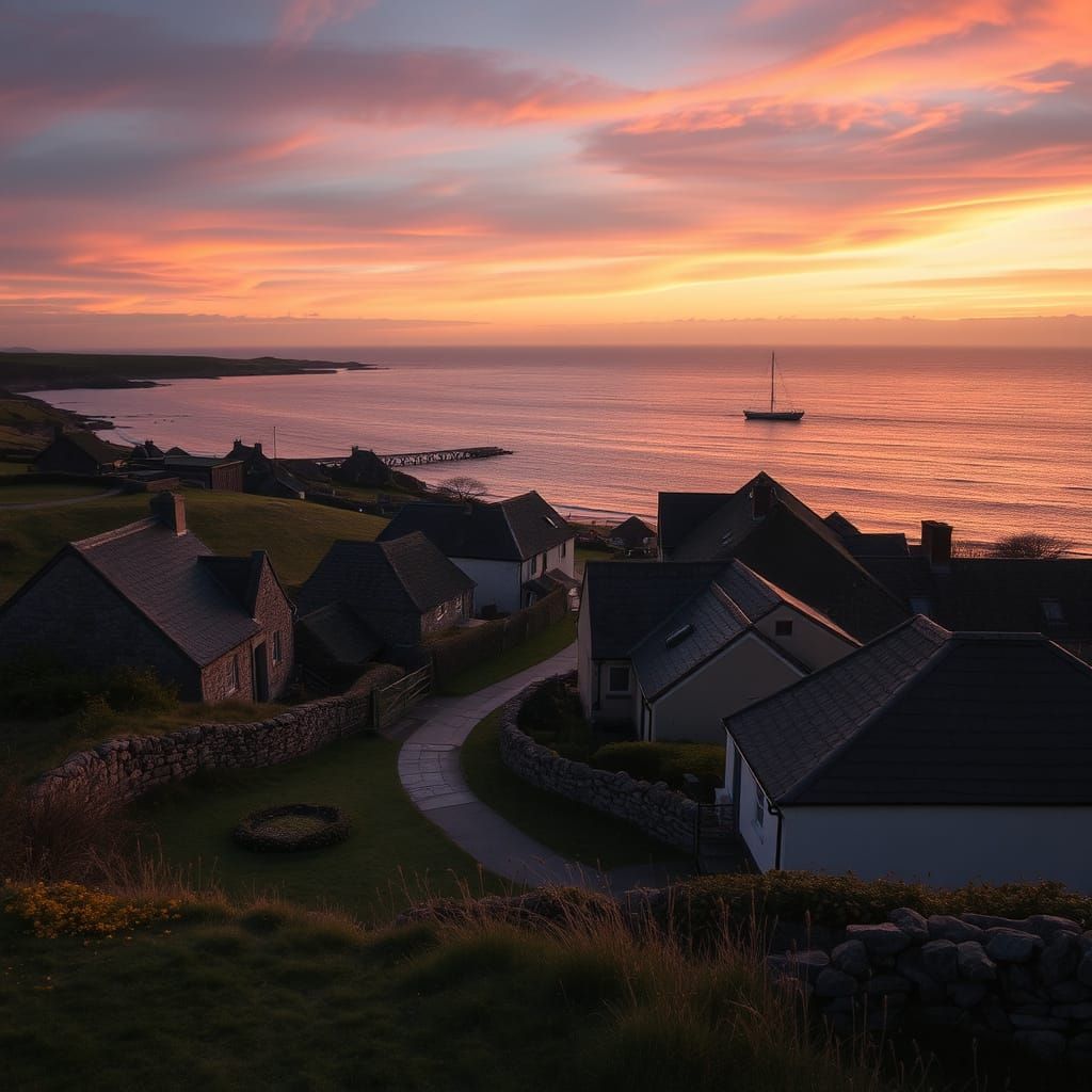 Northumberland Seaside Village at Sunset: Retro Rustic Image