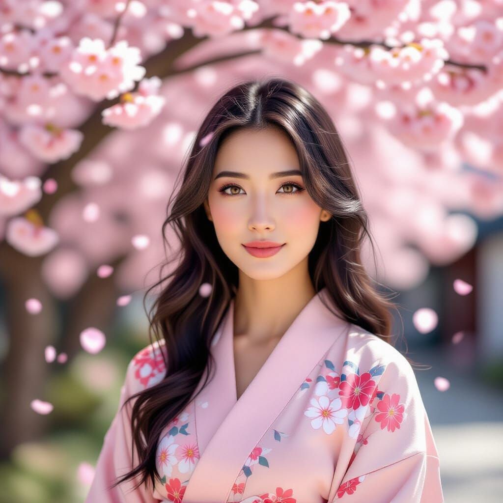Radiant Woman Under Cherry Blossom Tree