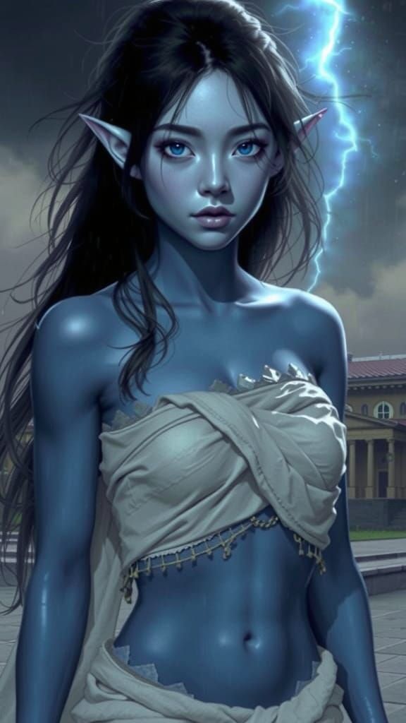 Blue Elven Superheroine with Crystal Skin and Lightning