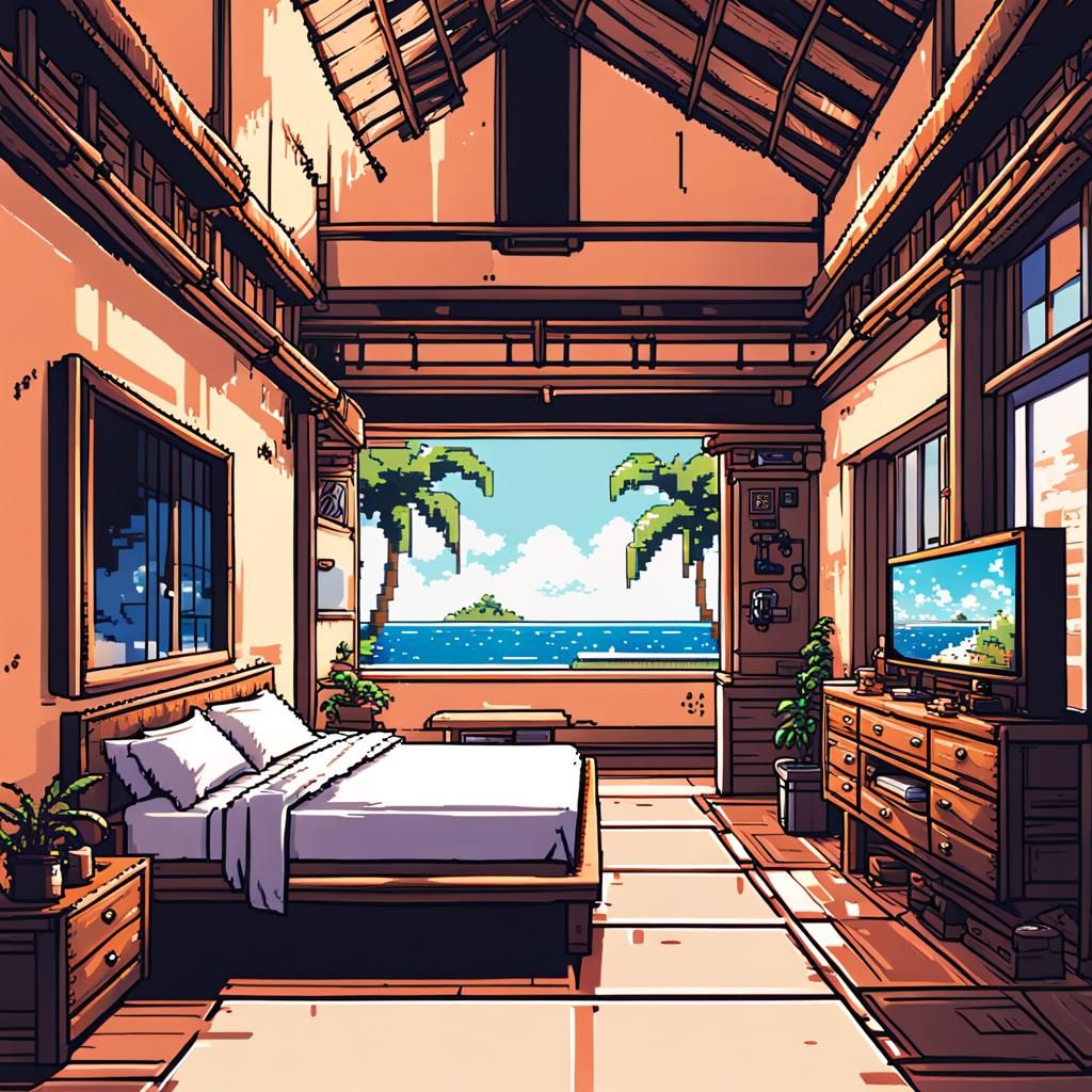 8-bit Pixel Bedroom with Caribbean and Cyberpunk Elements