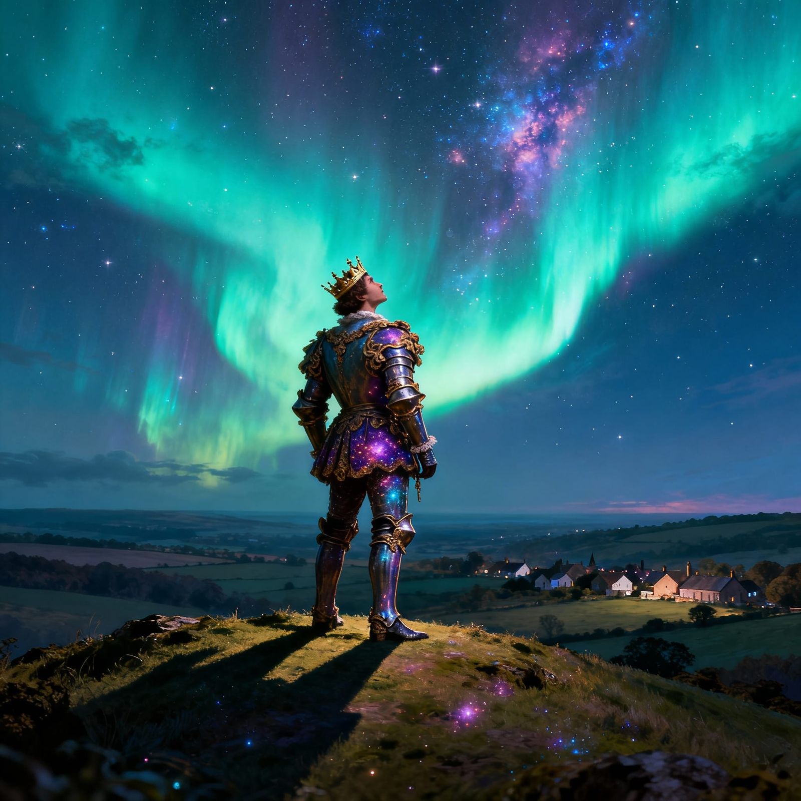 King Gazes at Cosmic Aurora Borealis from Hilltop