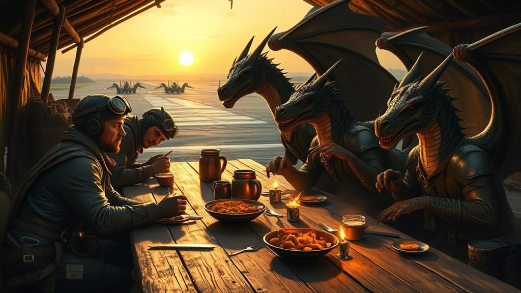 Magical WW2 Dragon Riders in Steampunk Gear Eat Rations
