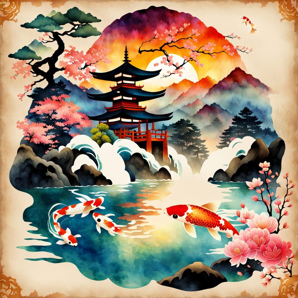 Whimsical Shinto Temple Pond Scene in Vintage Storybook Styl...