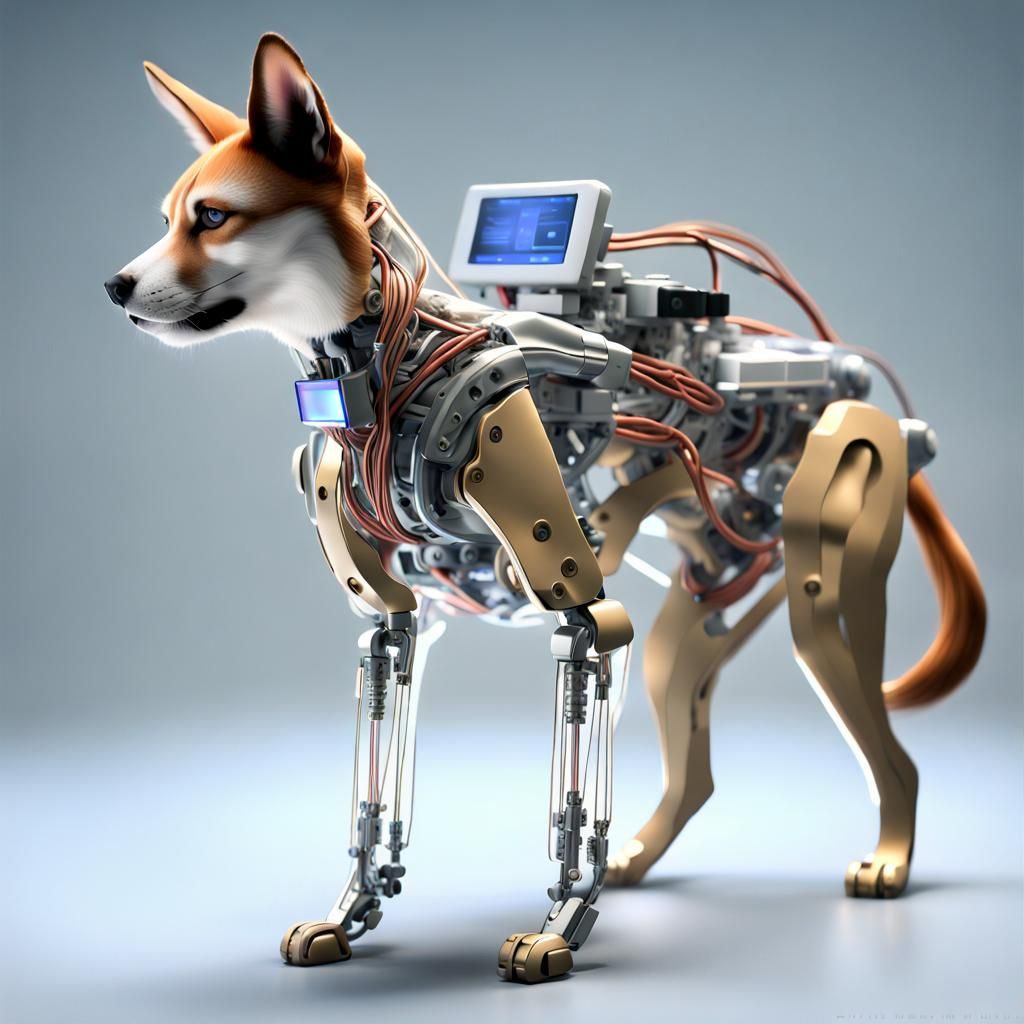 Cyborg Caracal Dog with Visible Electronics, Digital Renderi...