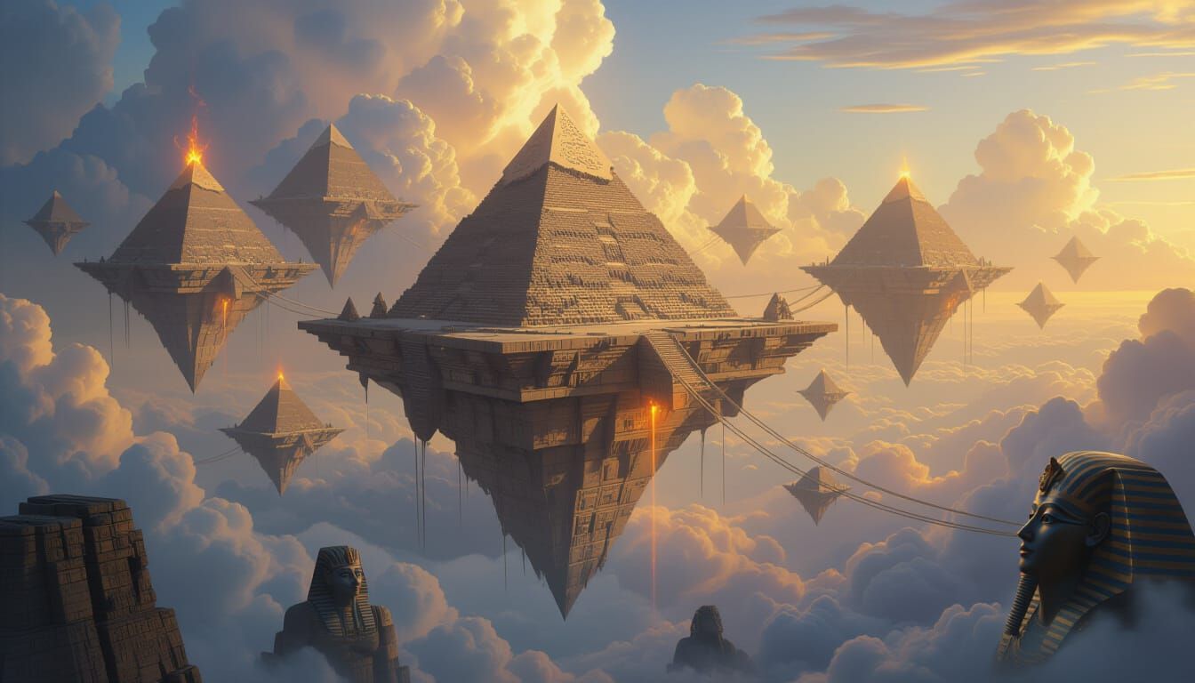 Egyptian Gods on Floating Islands in Cosmic Dreamscape