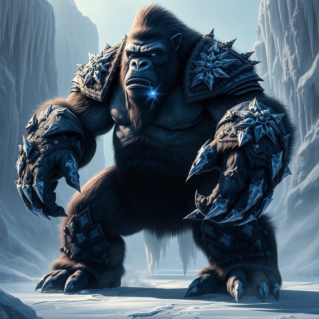 Icy Gorilla Warrior in Frozen Landscape