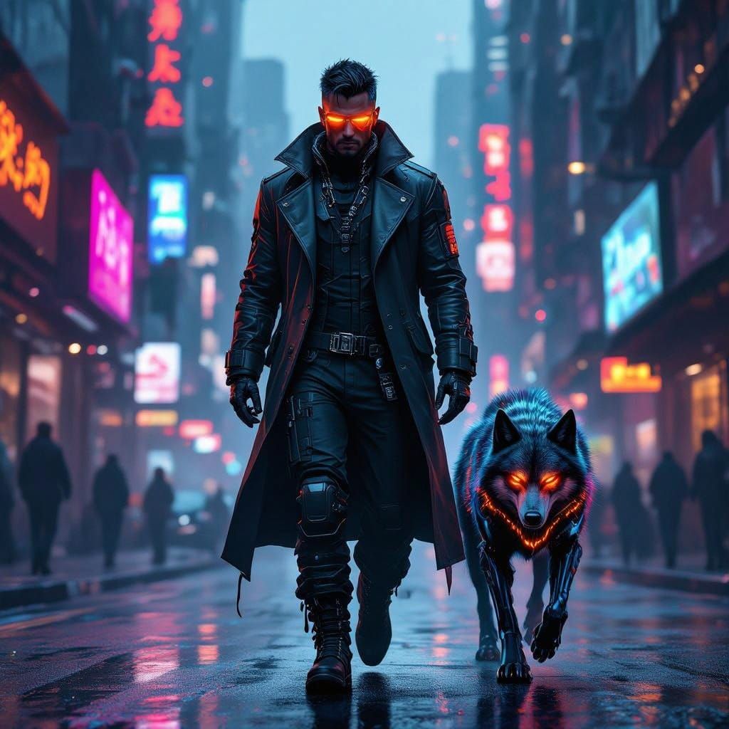 Cyberpunk Warrior Walks Amidst Neon Cityscape with Cyberneti...