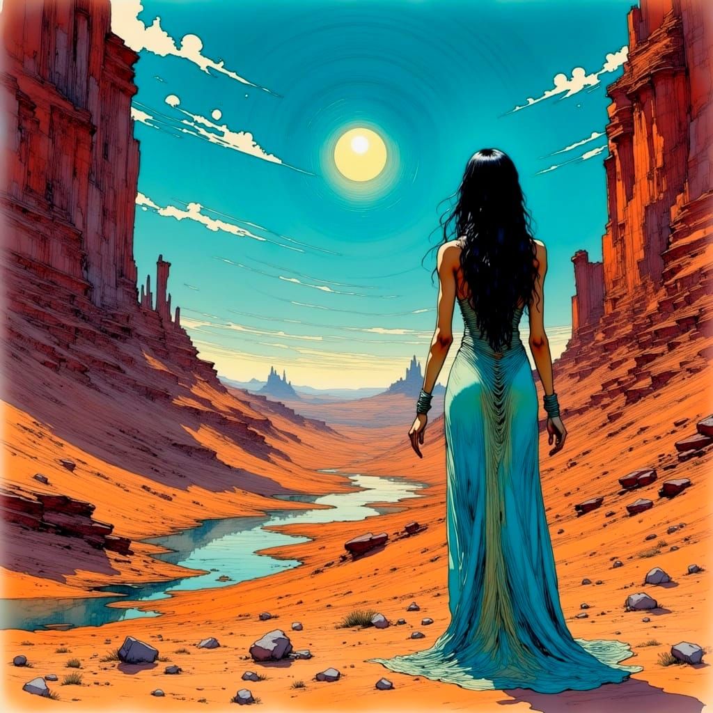 Surreal Fantasy Landscape with Retrofuturist Barsoom Sky Cit...