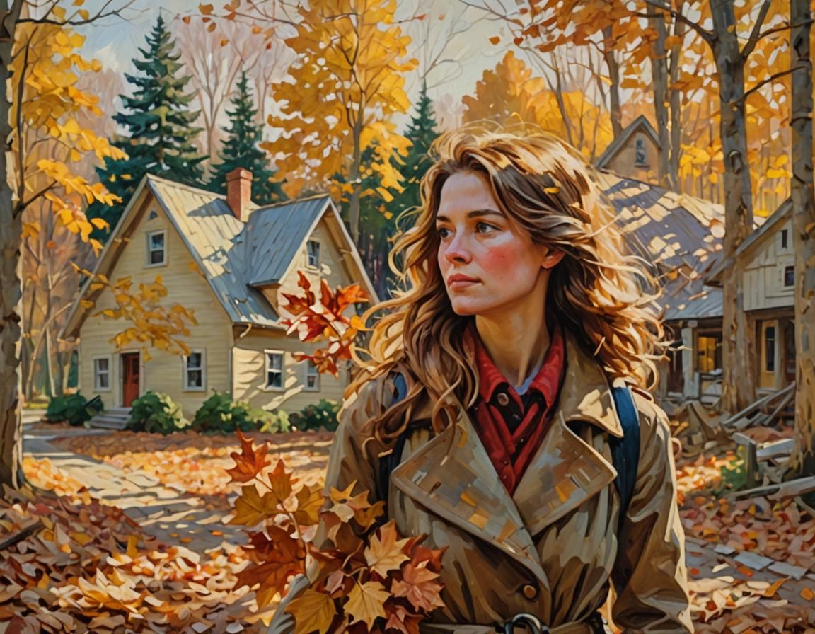Impressionist Woman in Autumn Forest Portrait