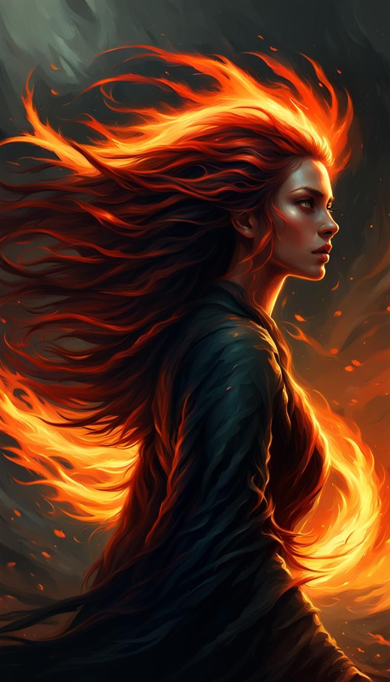 Woman with Flaming Hair in Digital Fantasy Art