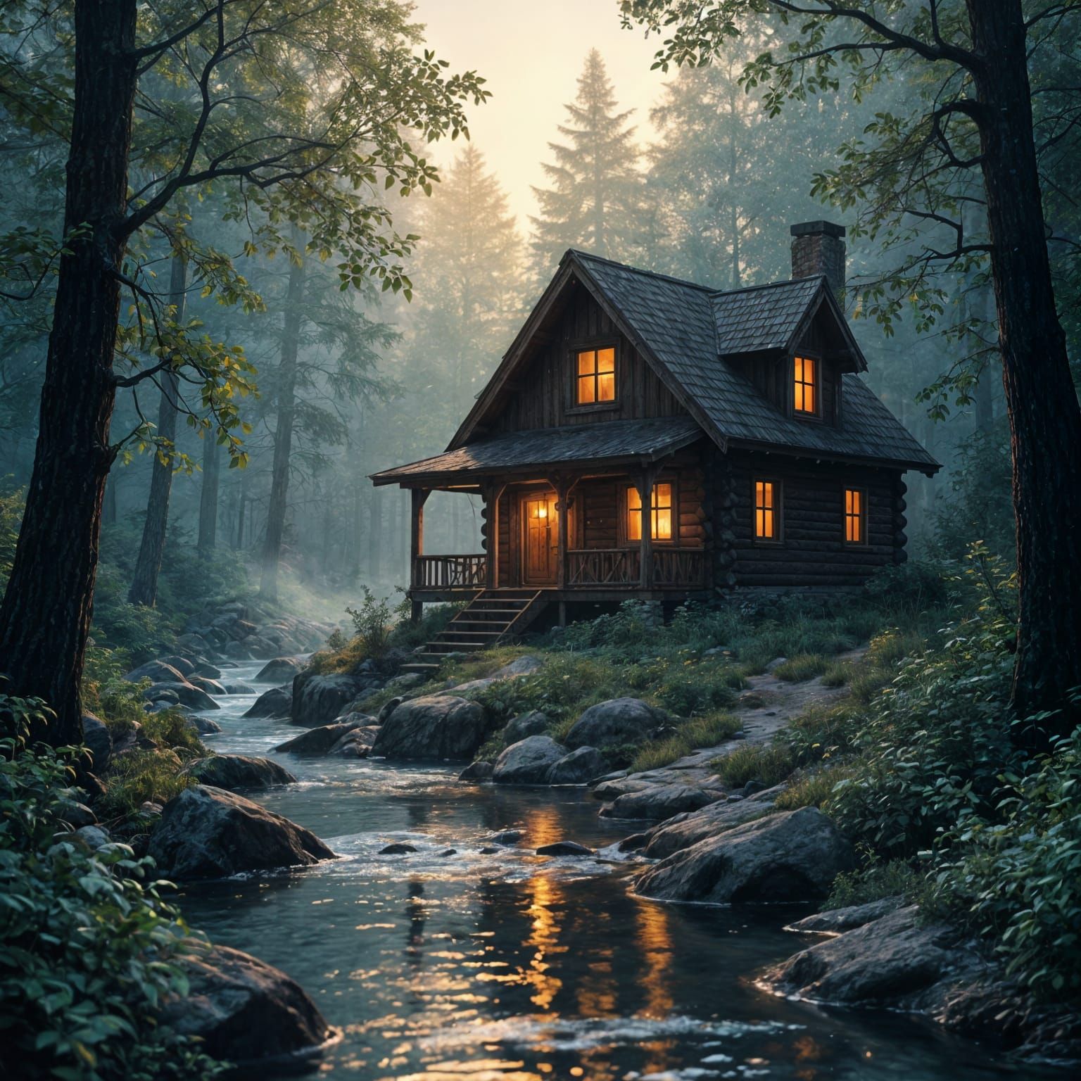 Rustic Cabin in Woods: Detailed Matte Painting