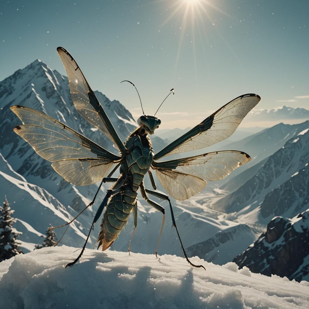 Giant Mantis on Snowy Peak in Film Noir Style