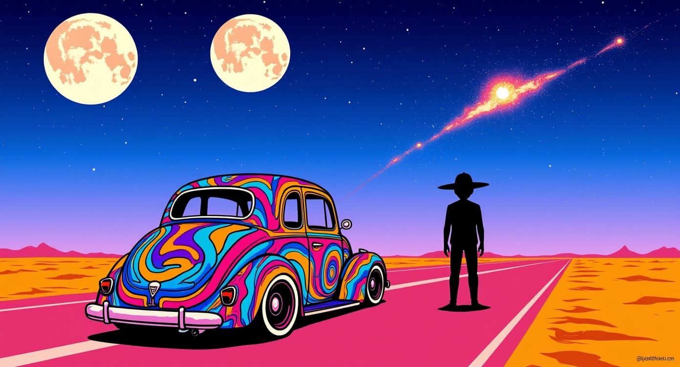 Psychedelic Hotrod on Alien Highway Under Two Moons