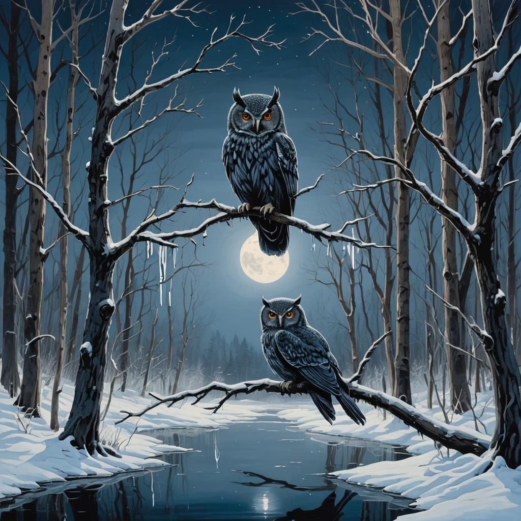 Nocturnal Owl in Icy Blue Winter Forest