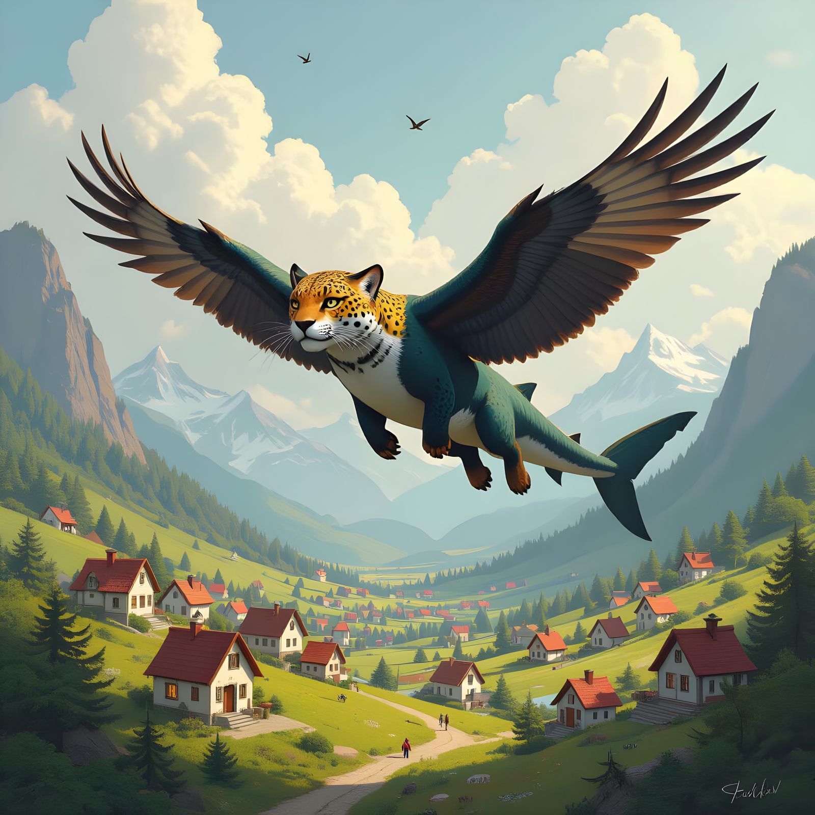 Mythical Jaguar-Shark-Eagle Creature Soaring Over Valley