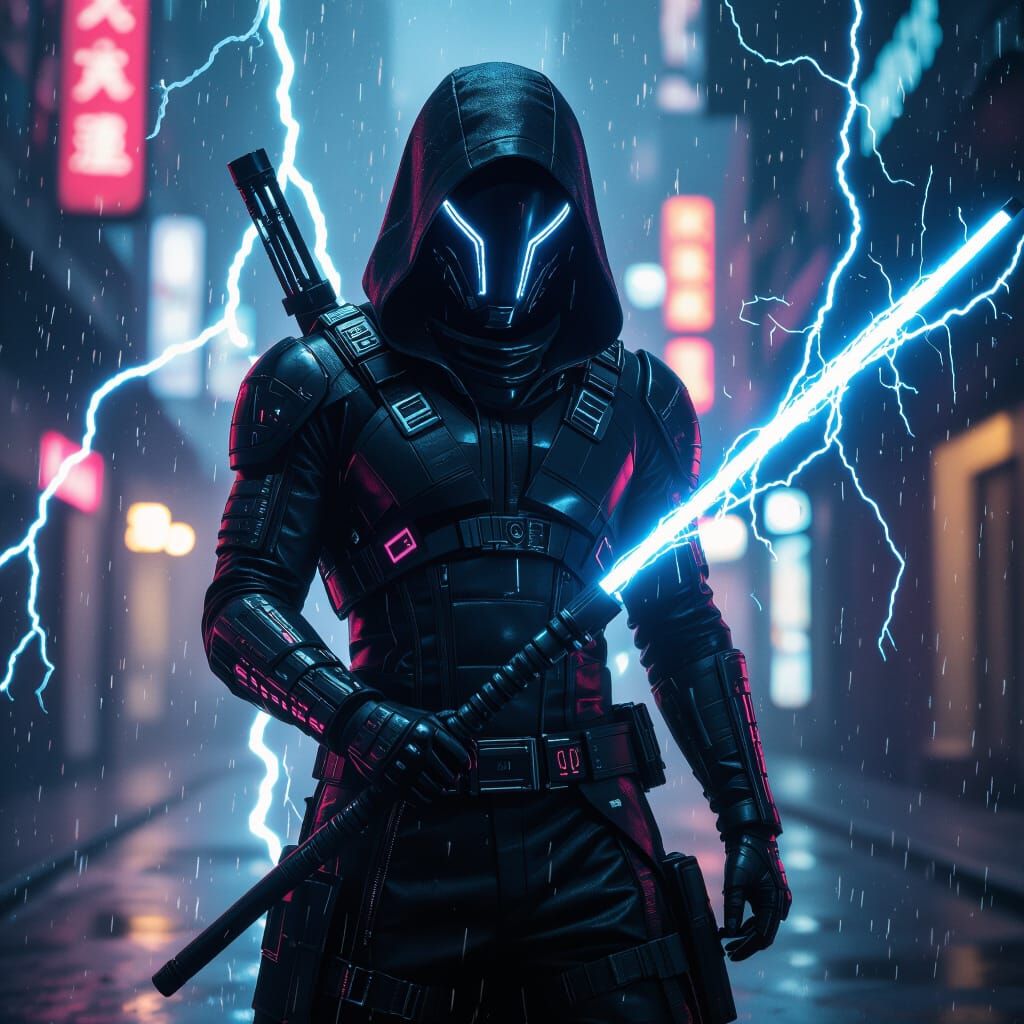 Cyberpunk Warrior with Lightning Rod Weapon