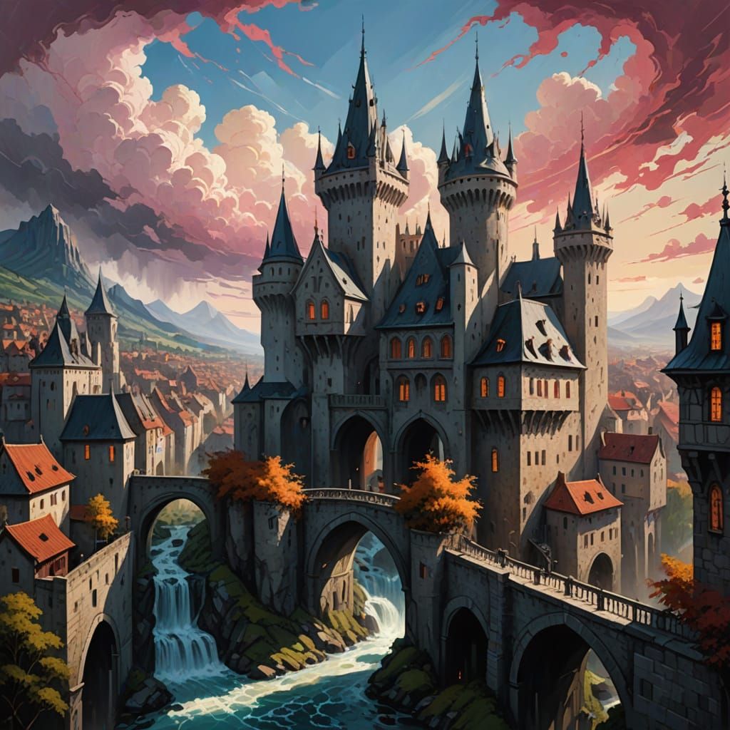 Yin-Yang Medieval Cities in Impasto Style