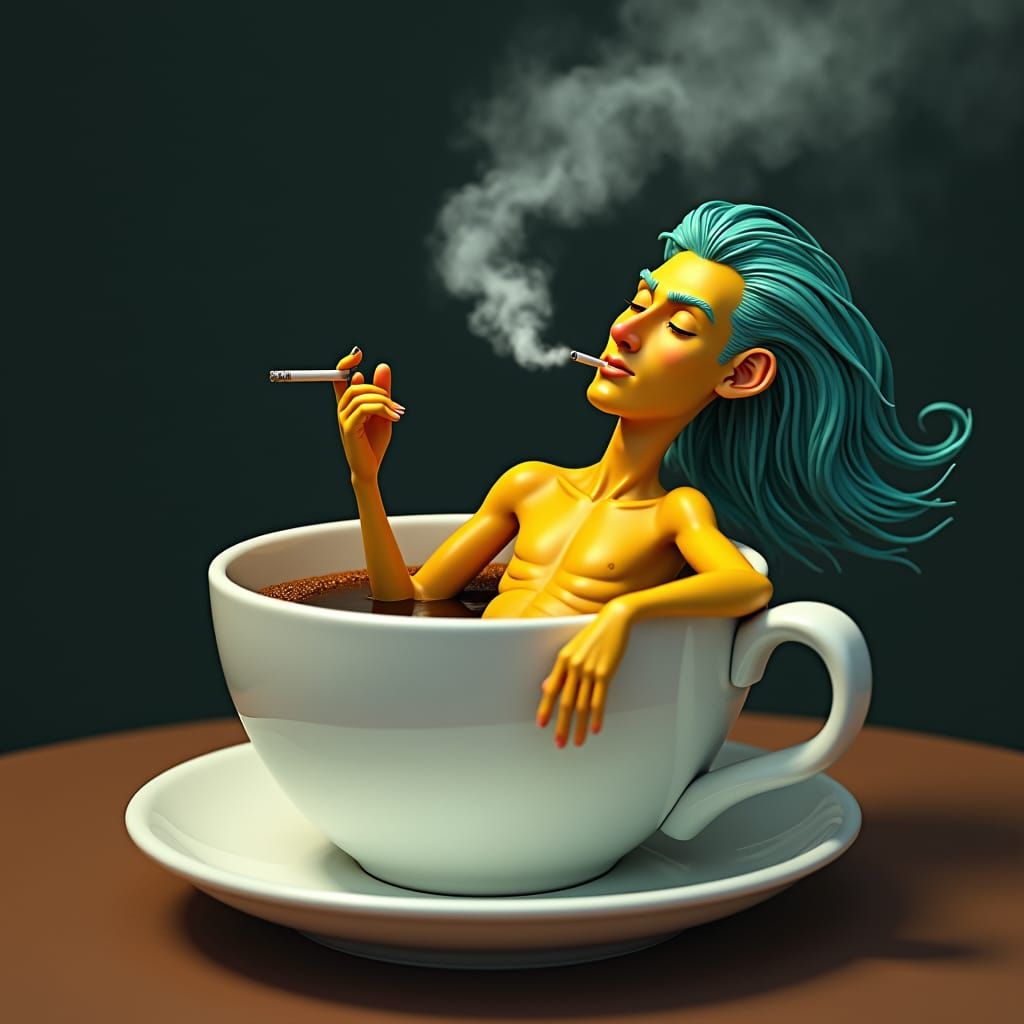 Surreal Yellow Man Smoking in Coffee Cup