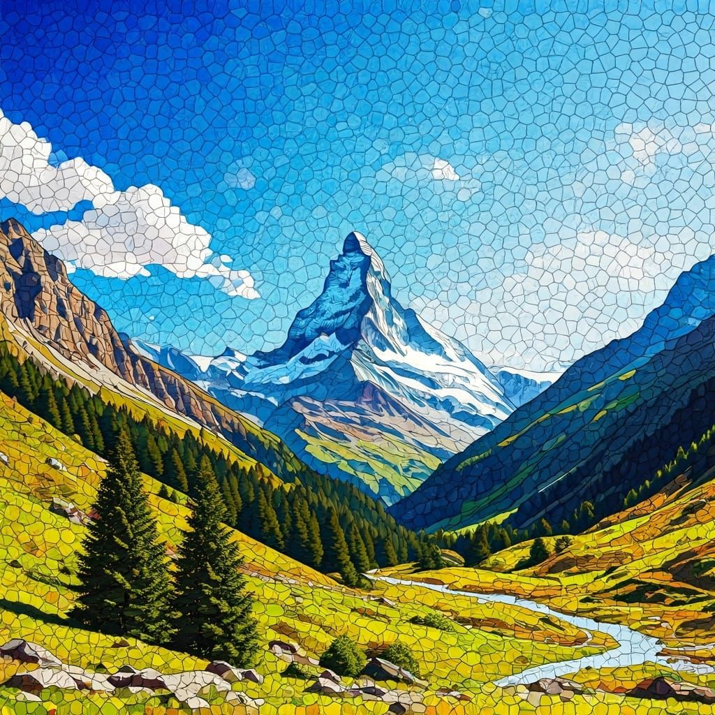 Mosaic Swiss Alps Landscape in Klimt Style