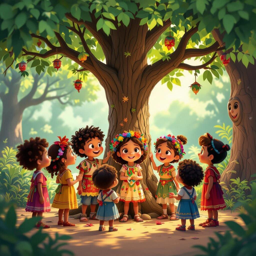 Diverse Children Gather Around a Vibrant Value Tree