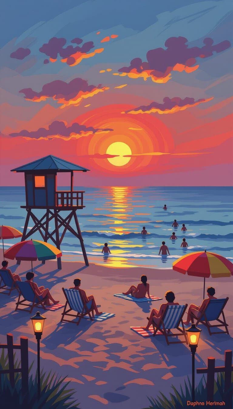 Red Sunset Beach Scene in Impressionist Style