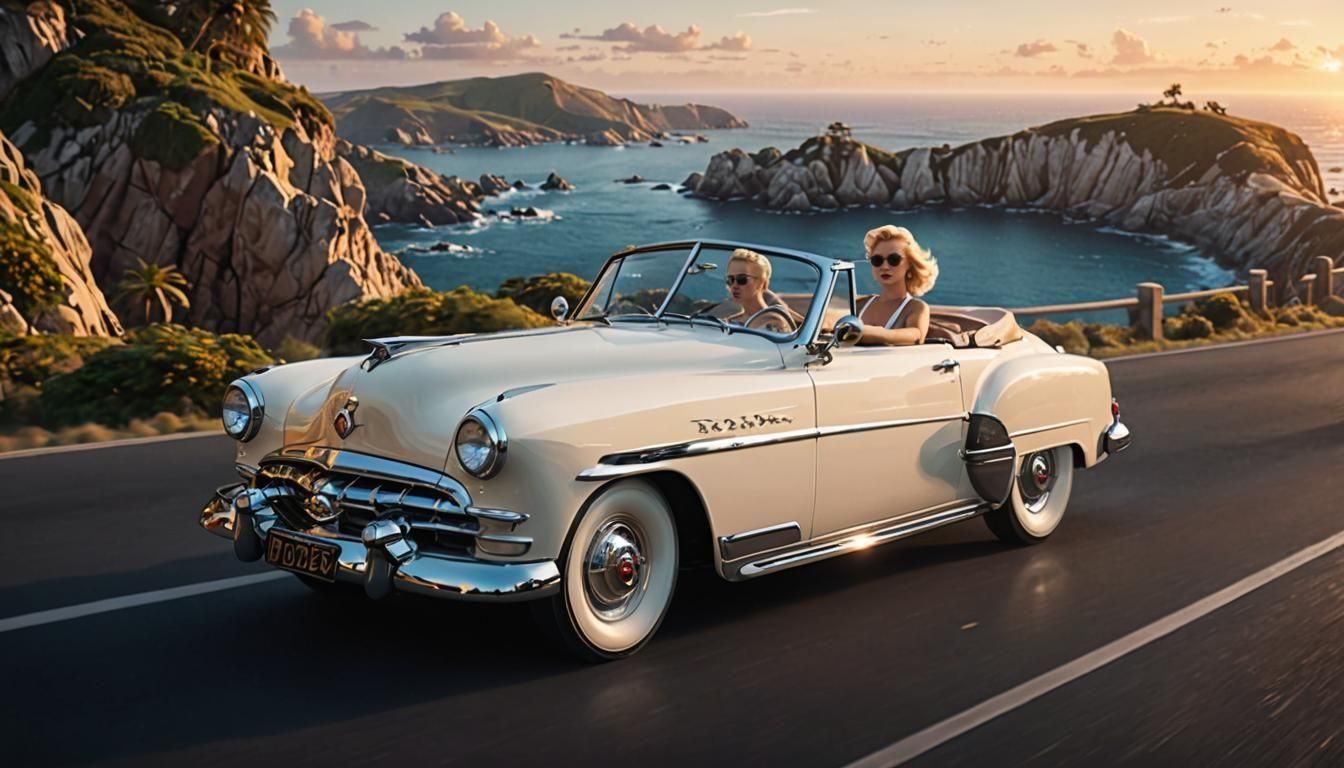 Blonde Woman in 1950s Convertible at Sunset