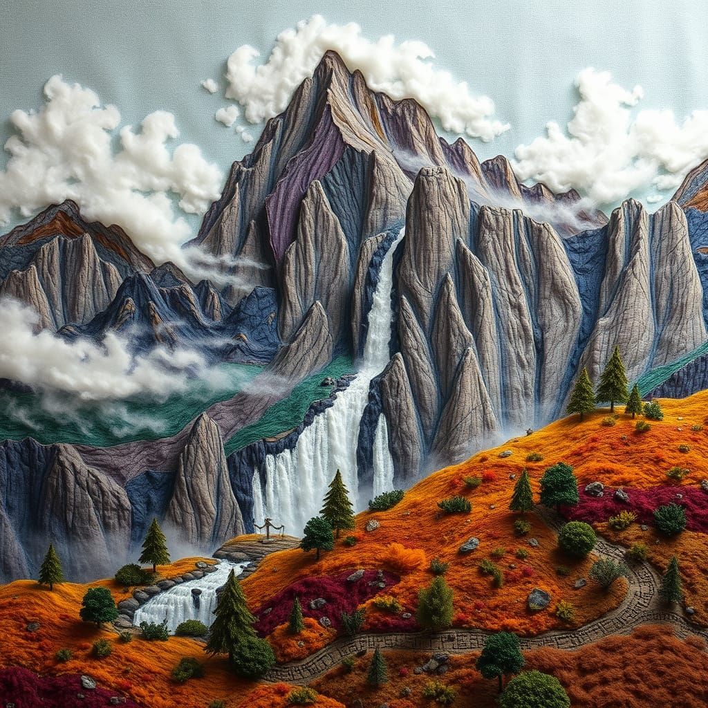 Vibrant Tapestry of Majestic Mountains and Waterfall