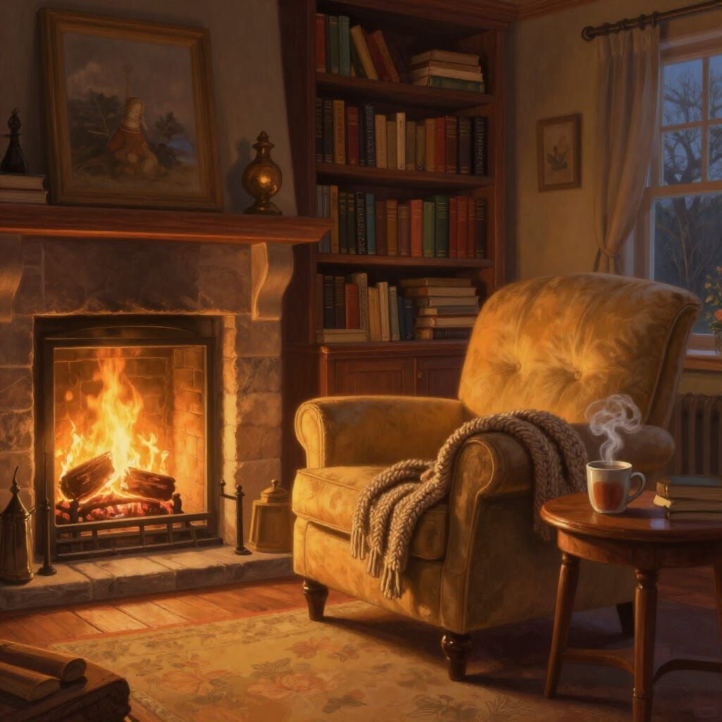 Cozy Twilight Living Room Digital Painting