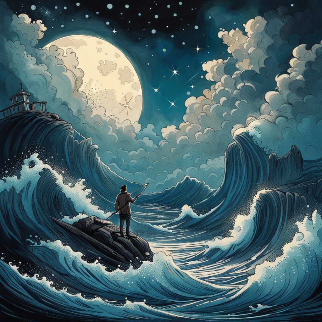 Fisherman Under Blue Moon in Sci-Fi Landscape