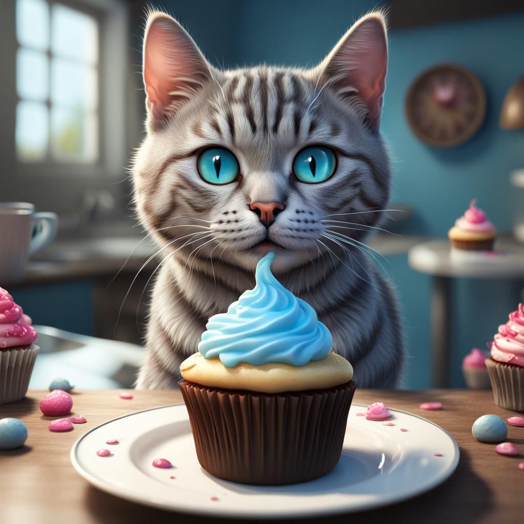 Cute Tabby Cat Licking Cupcake, Digital Art