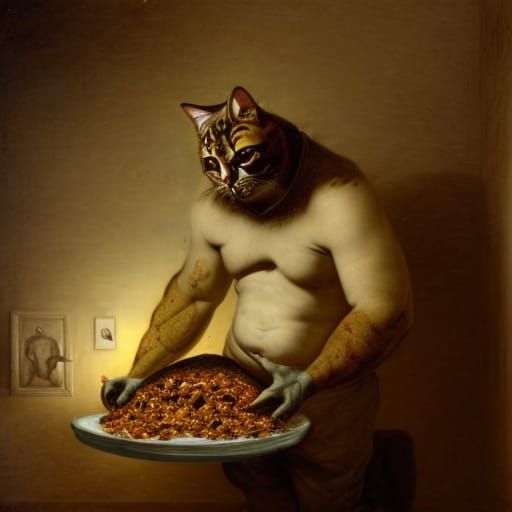 Large Man in a Cat Costume Making Nachos