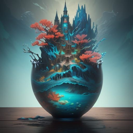 Envision a coffee cup with a double exposure of a vibrant, underwater landscape, with mountains of coral and rivers of d...