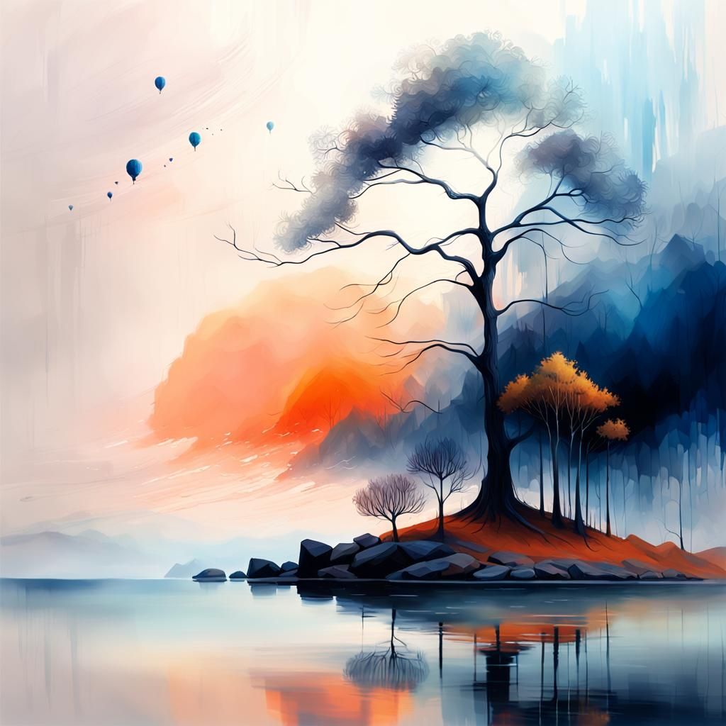 Serene Tree Landscape in Abstract Expressionist Style