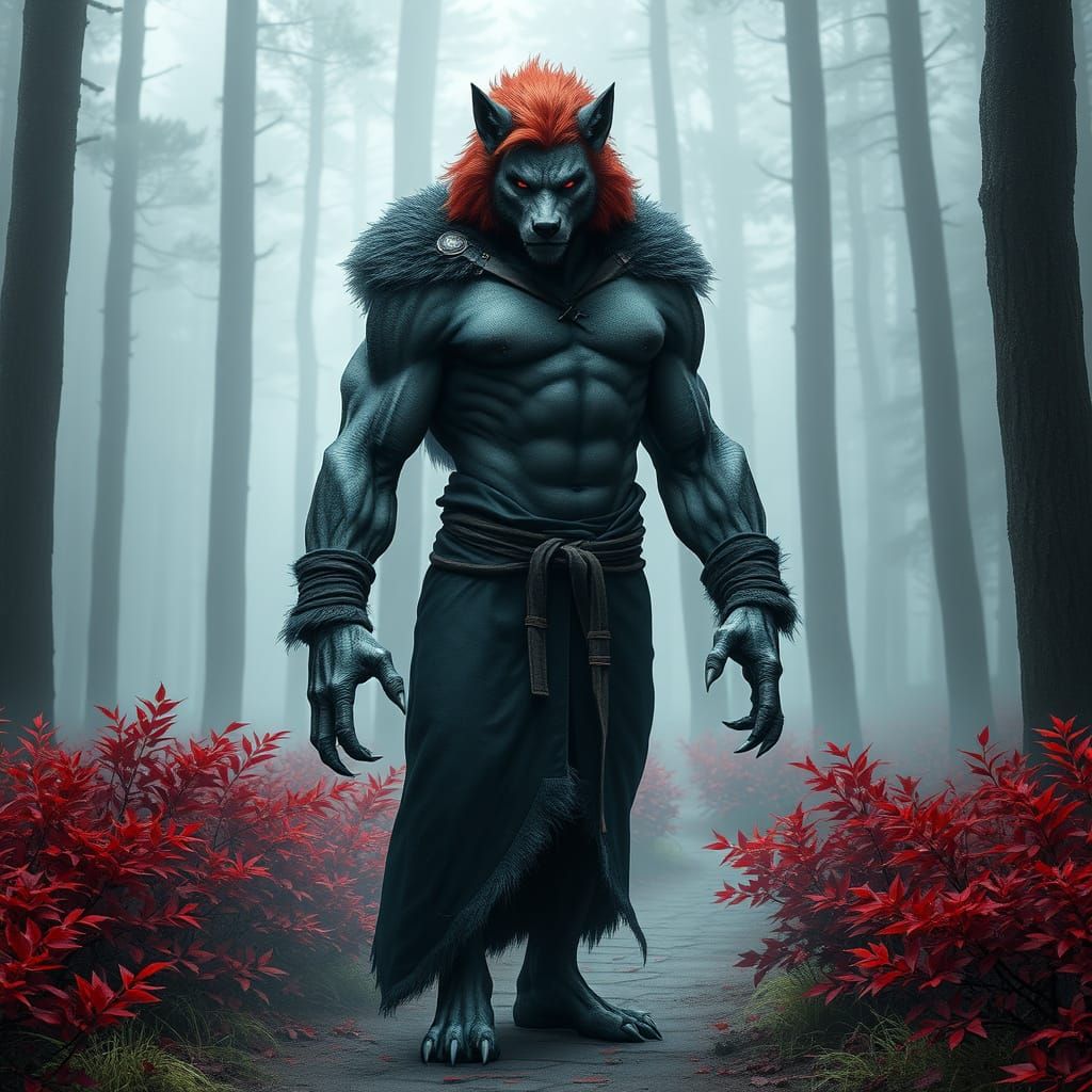 Muscular Werewolf in Misty Forest with Red Foliage