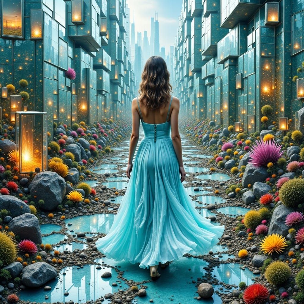 Woman in Surreal Mirror Landscape, Art Nouveau Style