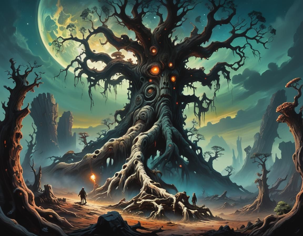 Desolate Alien Planet with Twisted Creatures, as Oil Paintin...