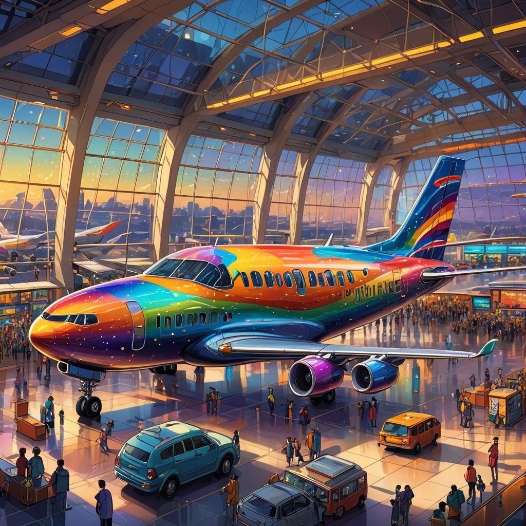 Rainbow Glass Airplane in Airport: Cartoon Art
