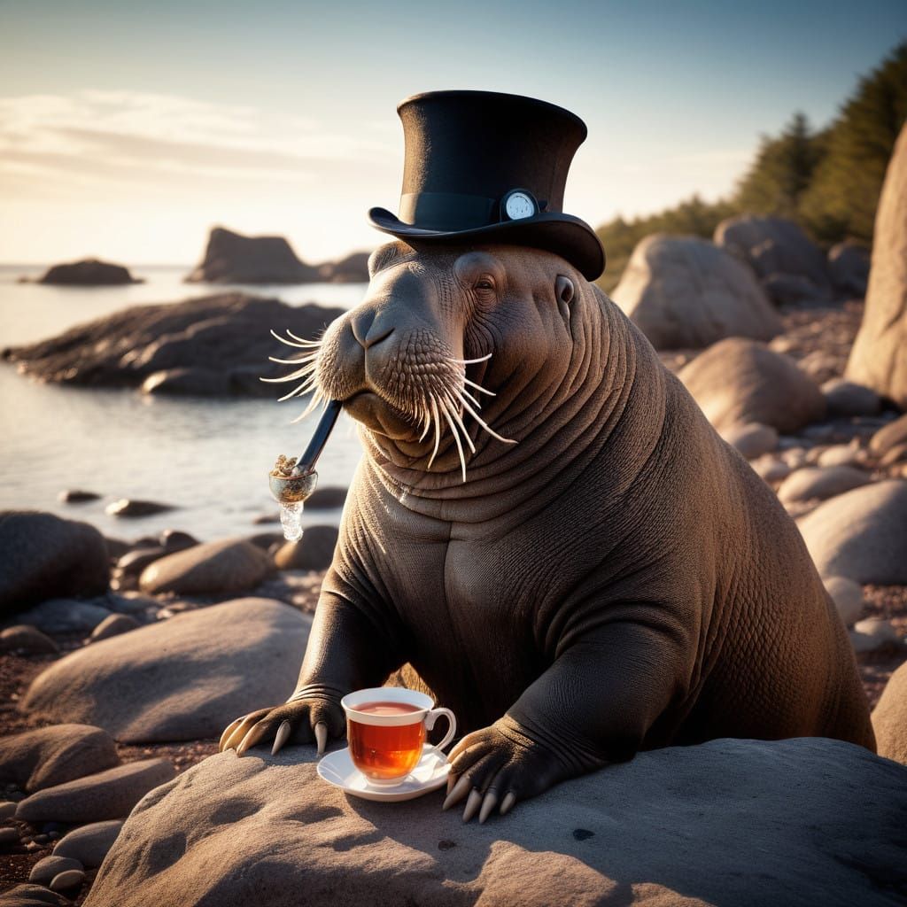 Walrus in Top Hat Sips Tea Amidst Dramatic Rocky Coastline