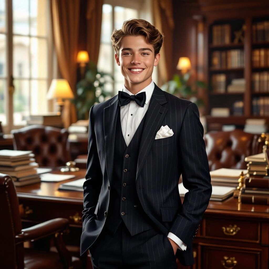 Confident Teenager in Pinstripe Suit in Elegant Office