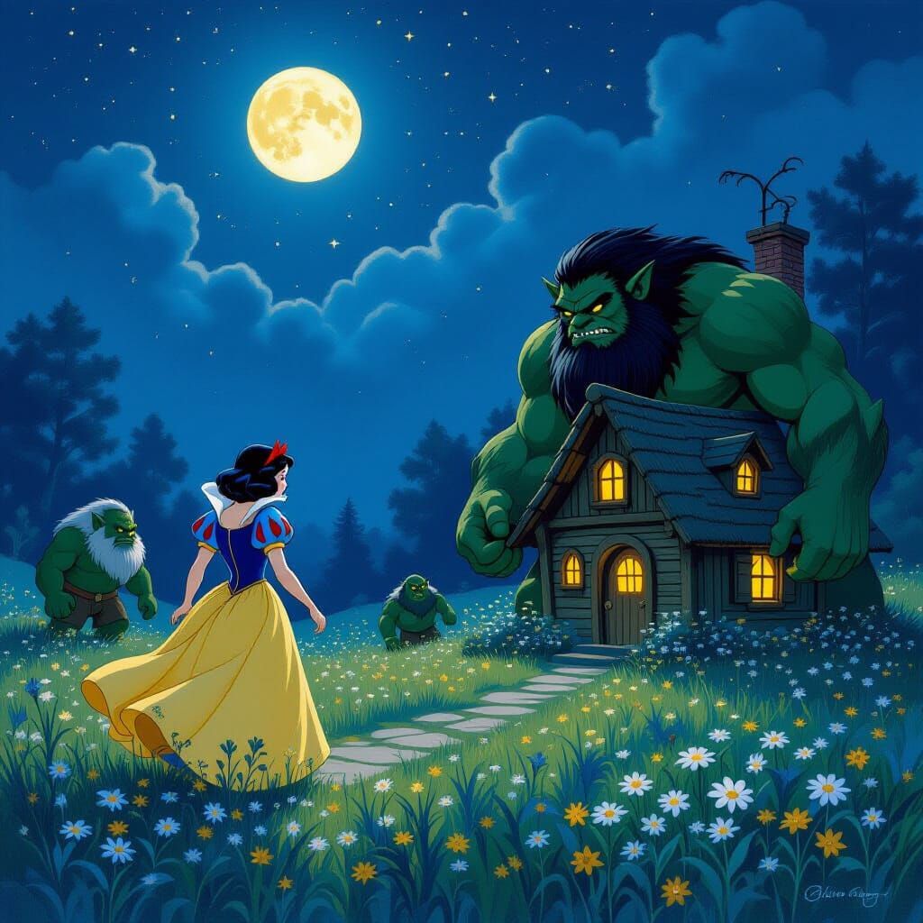 Snow White Battles Trolls in Moonlit Meadow