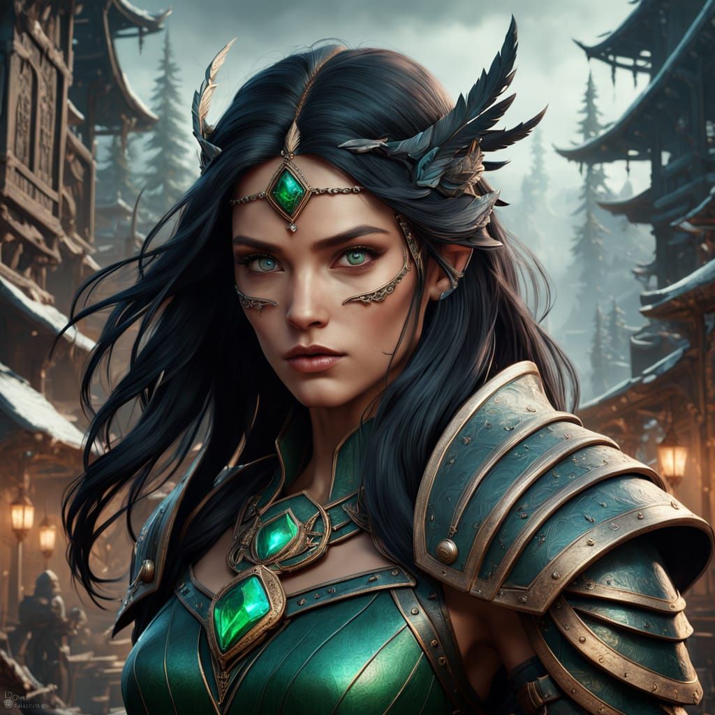 Ethereal Warrior Goddess in Cyberpunk Fantasy Attire