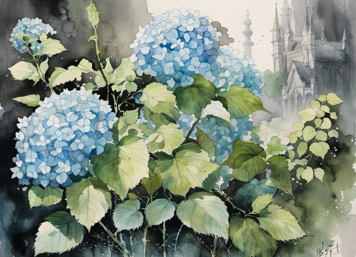Victorian Gothic Landscape with Blue Hydrangeas Watercolor