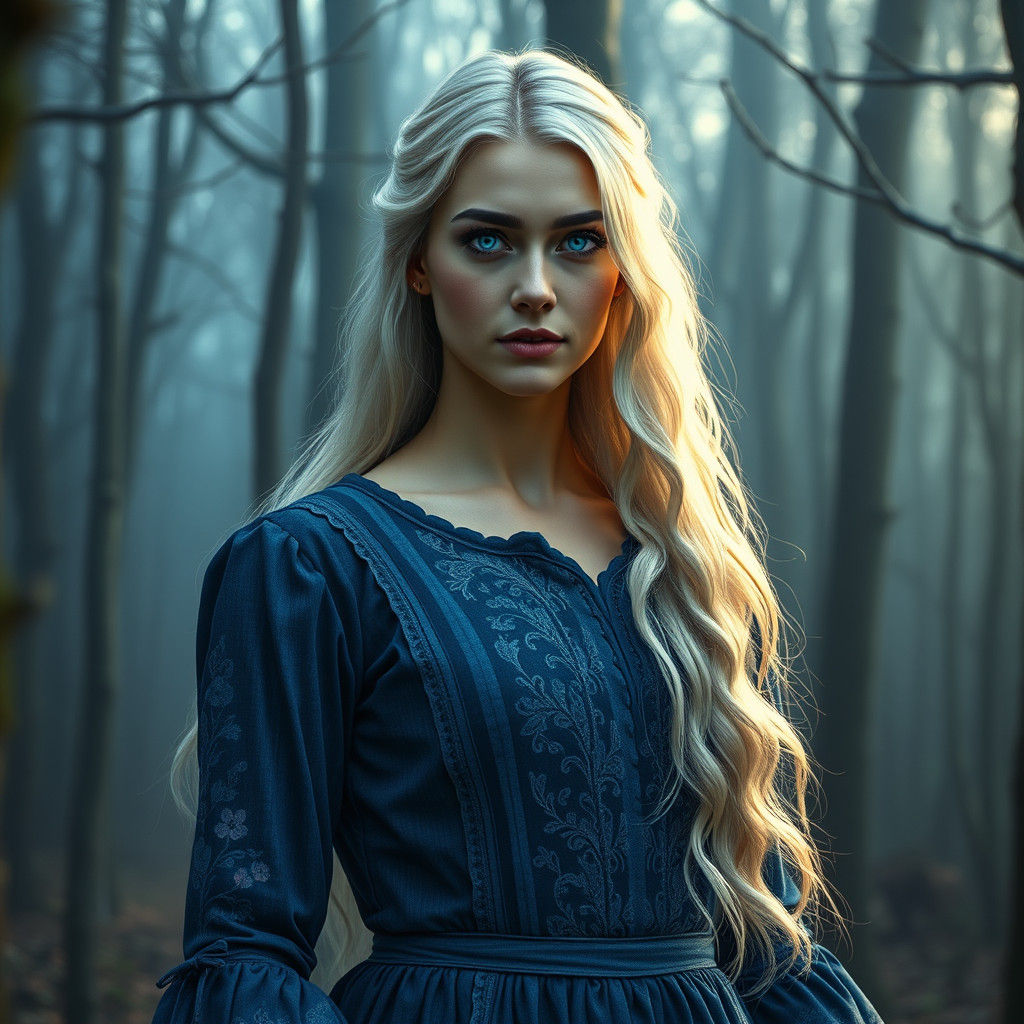 Woman in Blue Dress in Mystical Forest