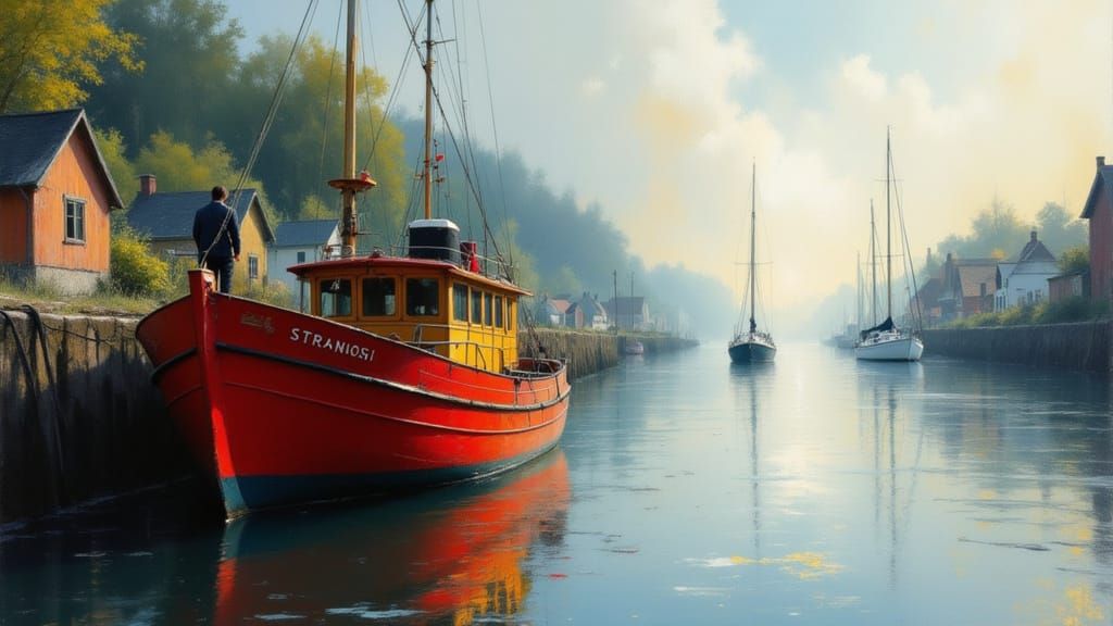 Red Fishing Boat Docked in Peaceful Harbor Morning Light