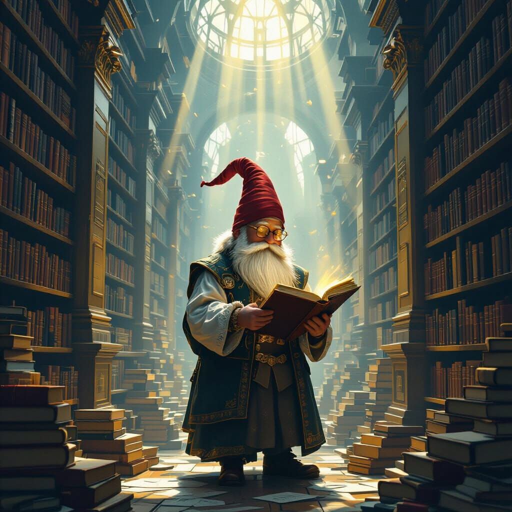 Gnome Librarian Immersed in Ancient Knowledge