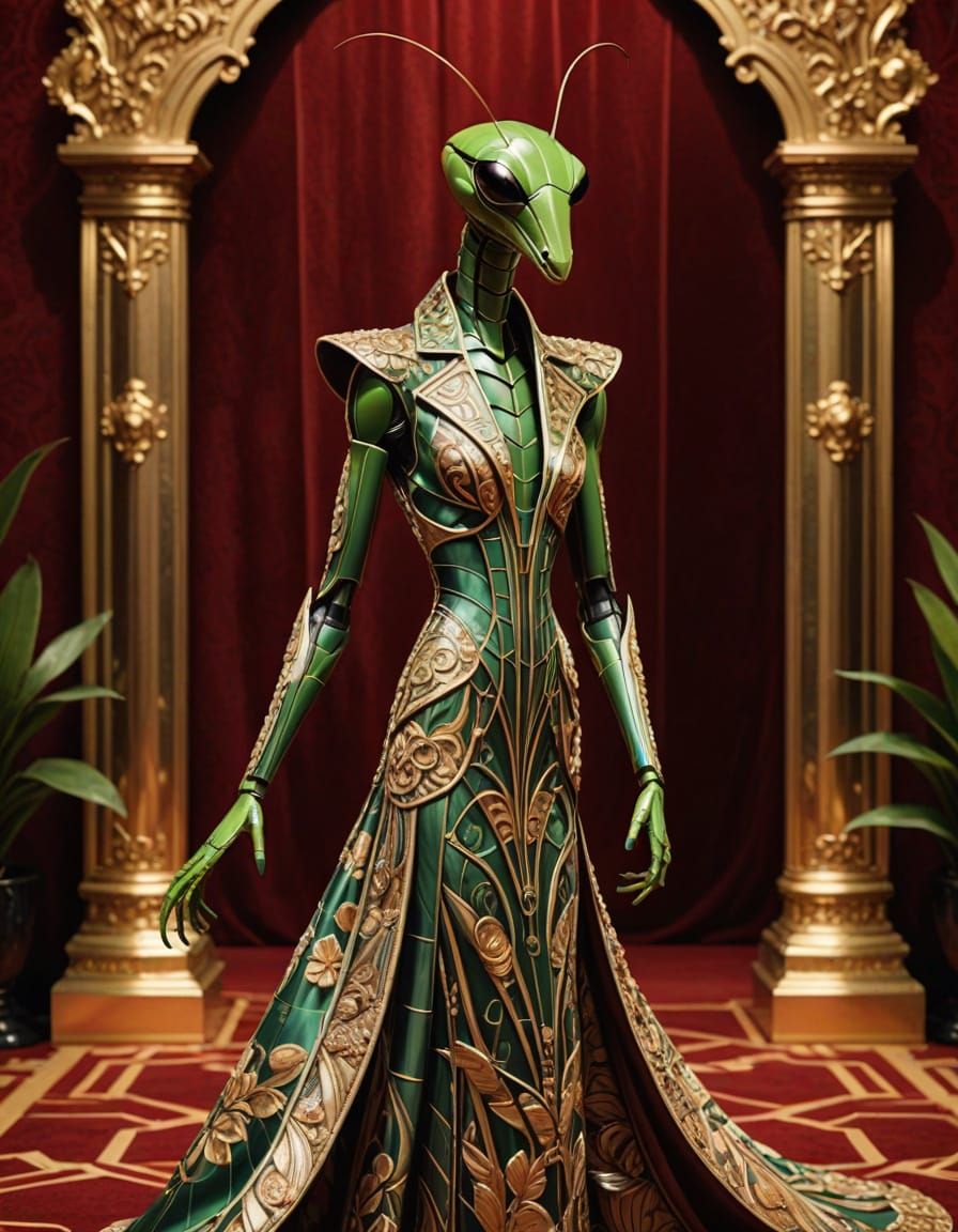 Glamorous Praying Mantis in Art Deco Evening Gown