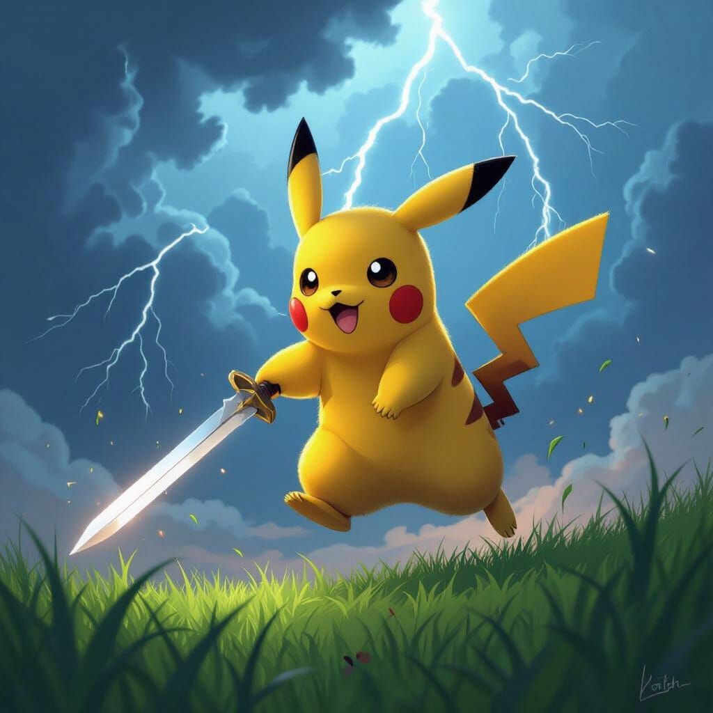 Pikachu with Sword in Stormy Landscape